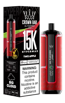 پاد یکبار مصرف مشکی و قرمز الفاخر کراون بار با طعم دوسیب و نوشته 15000 puffs و لوگوی ALFAKHER.