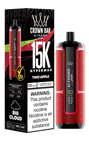 پاد یکبار مصرف مشکی و قرمز الفاخر کراون بار با طعم دوسیب و نوشته 15000 puffs و لوگوی ALFAKHER.
