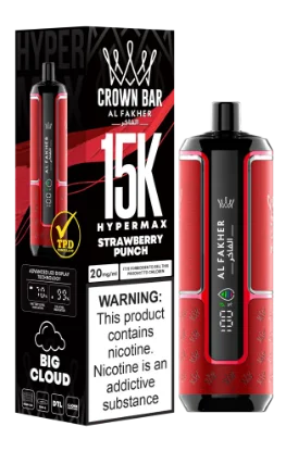 پاد یکبار مصرف قرمز رنگ الفاخر کراون بار با طعم پانچ توت فرنگی و نوشته 15000 puffs روی بدنه.