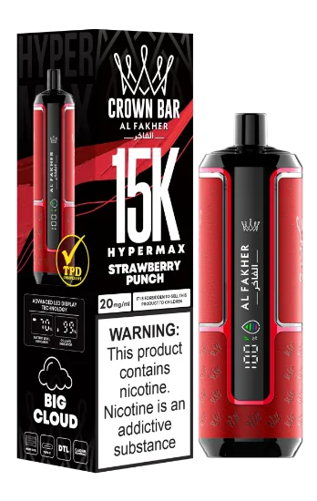 پاد یکبار مصرف قرمز رنگ الفاخر کراون بار با طعم پانچ توت فرنگی و نوشته 15000 puffs روی بدنه.