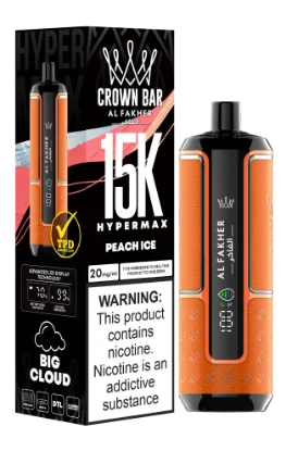 پاد یکبار مصرف نارنجی و مشکی الفاخر کراون بار با طعم هلو یخ و نوشته 15000 puffs روی دستگاه.
