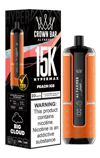 پاد یکبار مصرف نارنجی و مشکی الفاخر کراون بار با طعم هلو یخ و نوشته 15000 puffs روی دستگاه.
