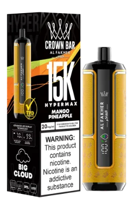 پاد یکبار مصرف زرد و نارنجی الفاخر کراون بار با طعم انبه آناناس و نوشته 15000 puffs روی بدنه دستگاه.