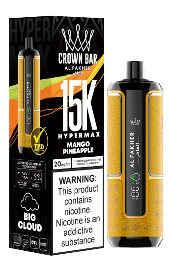 پاد یکبار مصرف زرد و نارنجی الفاخر کراون بار با طعم انبه آناناس و نوشته 15000 puffs روی بدنه دستگاه.