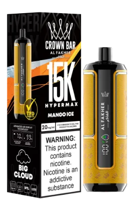 پاد یکبار مصرف زرد و مشکی الفاخر کراون بار با طعم انبه یخ (Mango Ice) و نوشته 15000 puffs روی بدنه.