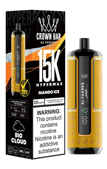 پاد یکبار مصرف زرد و مشکی الفاخر کراون بار با طعم انبه یخ (Mango Ice) و نوشته 15000 puffs روی بدنه.