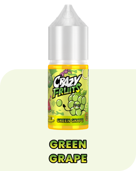 بطری ۳۰ میلی‌لیتری سالت نیکوتین انگور سبز توکیو سری کریزی فروت با تصویر انگورهای سبز روشن 