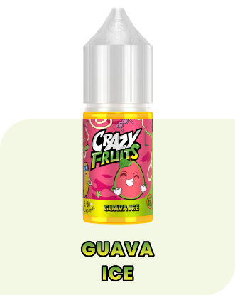 بطری ۳۰ میلی‌لیتری سالت نیکوتین گواوا یخ توکیو سری کریزی فروت با طراحی سبز و المان‌های یخی