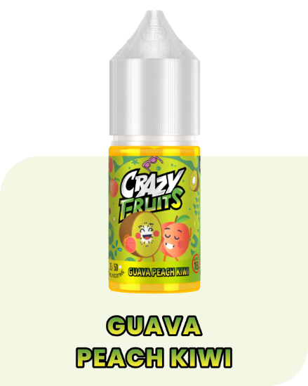 بطری ۳۰ میلی‌لیتری سالت نیکوتین گواوا هلو کیوی توکیو سری کریزی فروت با تصویر میوه‌های پاره شده و تازه