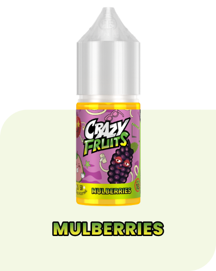 بطری ۳۰ میلی‌لیتری سالت نیکوتین مولبری توکیو سری کریزی فروت با تصویر شاه‌توت‌های بنفش و قرمز تیره