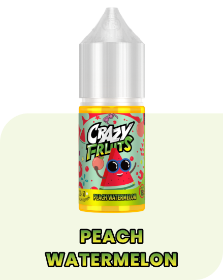 بطری ۳۰ میلی‌لیتری سالت نیکوتین هلو هندوانه توکیو سری کریزی فروت با تصویر برش‌های هندوانه و هلو تازه